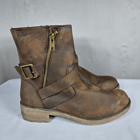 Rocket Dog Shoes - Rocket Dog Moto Boots Womens 8.5 Brown Buckle Zip Distressed Biker Mid-Calf